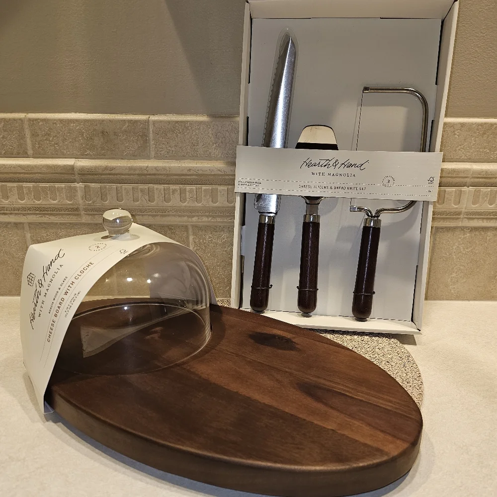Hearth And Hand Wooden Cheese Board With Cloche & 3pc Cheese&Bread Knife Set